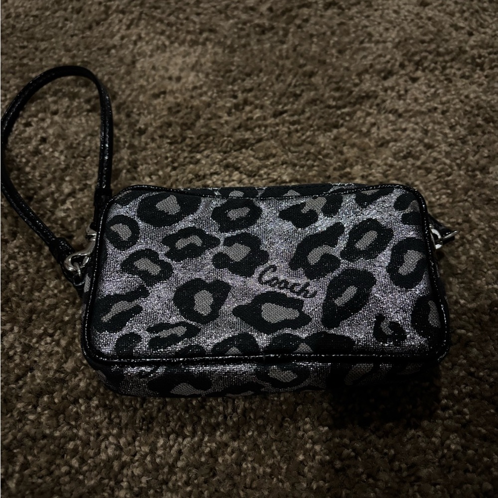 Coach Leopard Print Wristlet in Black and Gray
